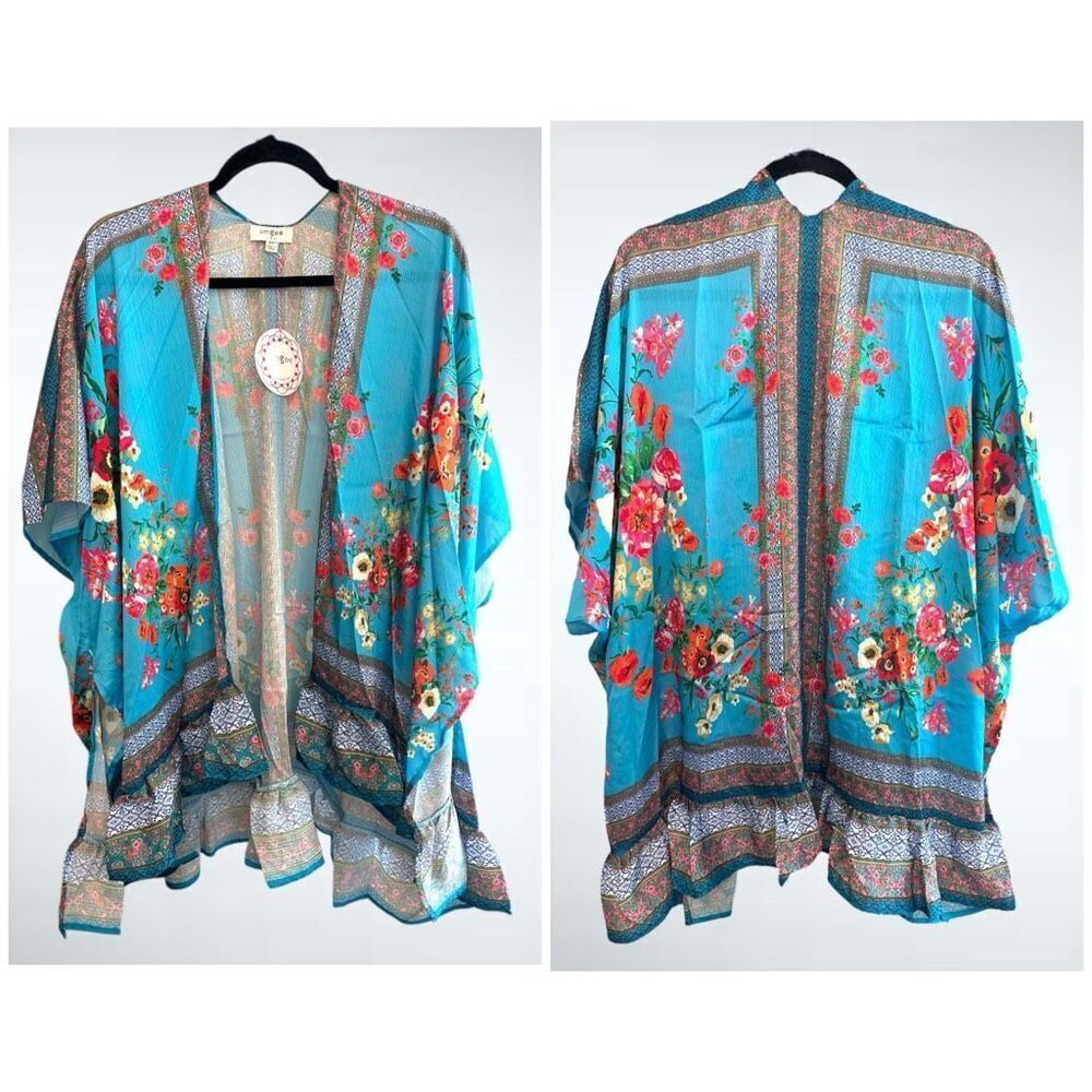 Size M/L Umgee Mixed Print Floral Kimono in Blue